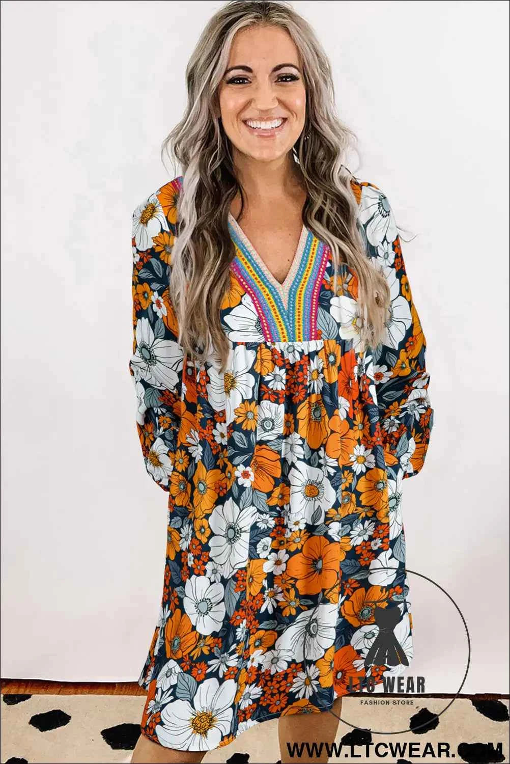 Orange Floral Print Striped Lace V Neck Long Sleeve Mini Dress