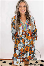 Orange Floral Print Striped Lace V Neck Long Sleeve Mini Dress