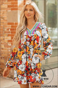 Orange Floral Print Striped Lace V Neck Long Sleeve Mini Dress