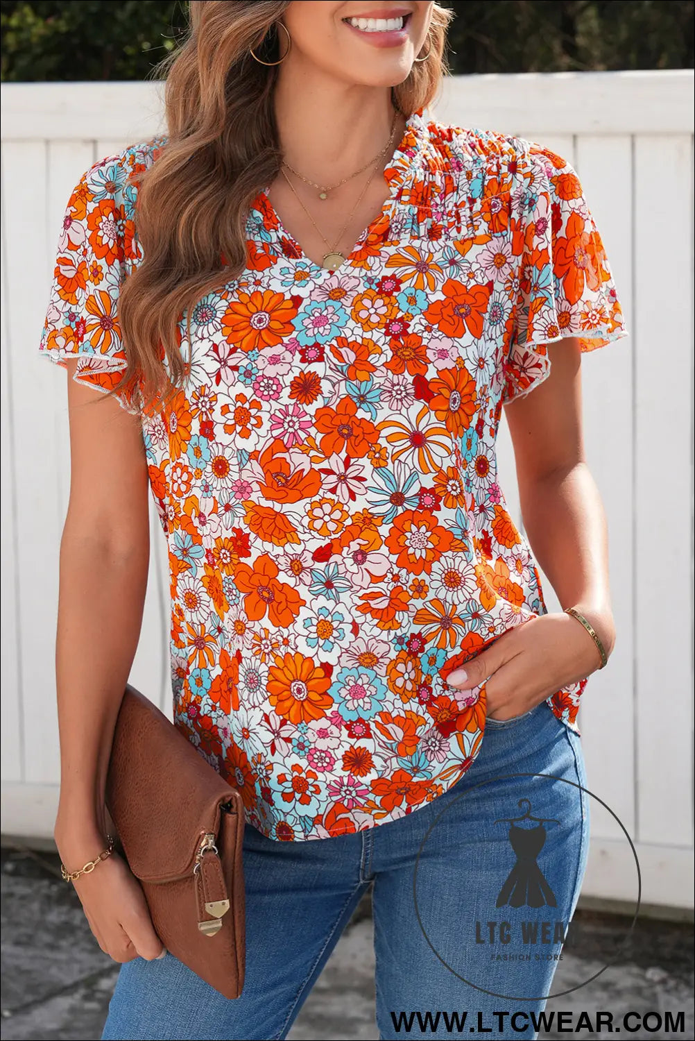 Orange floral print v neck pleated ruffle short sleeve blouse - orange / 2xl / 100% polyester - blouses & shirts