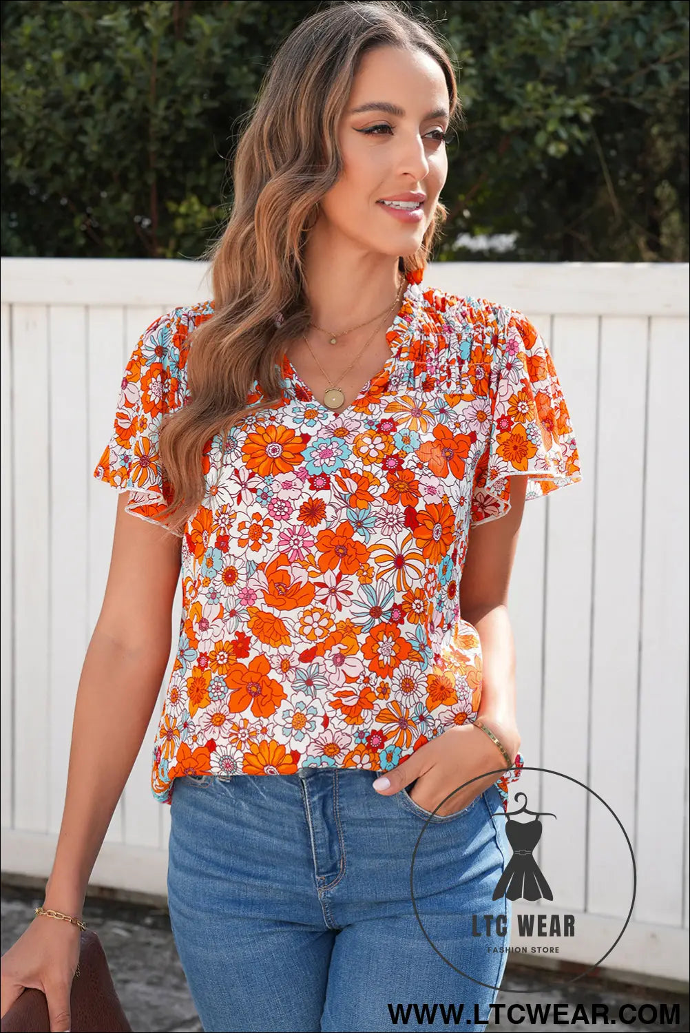 Orange floral print v neck pleated ruffle short sleeve blouse - blouses & shirts