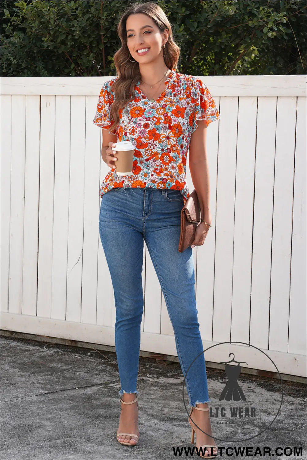 Orange floral print v neck pleated ruffle short sleeve blouse - blouses & shirts