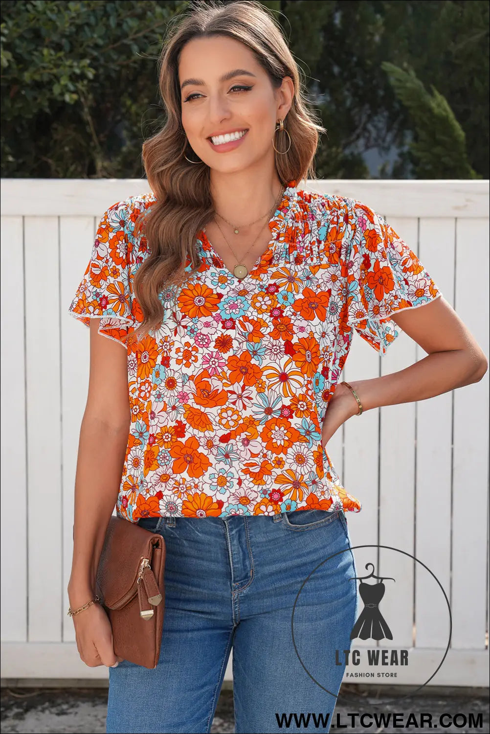 Orange floral print v neck pleated ruffle short sleeve blouse - blouses & shirts
