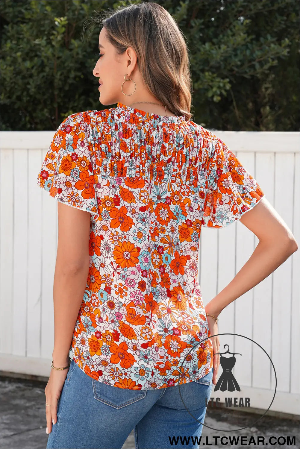 Orange floral print v neck pleated ruffle short sleeve blouse - blouses & shirts