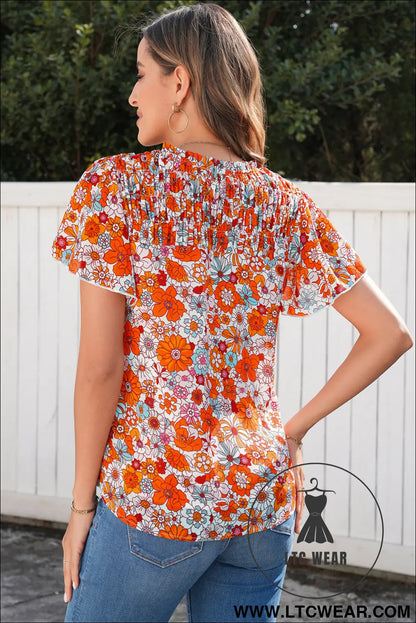 Orange floral print v neck pleated ruffle short sleeve blouse - blouses & shirts