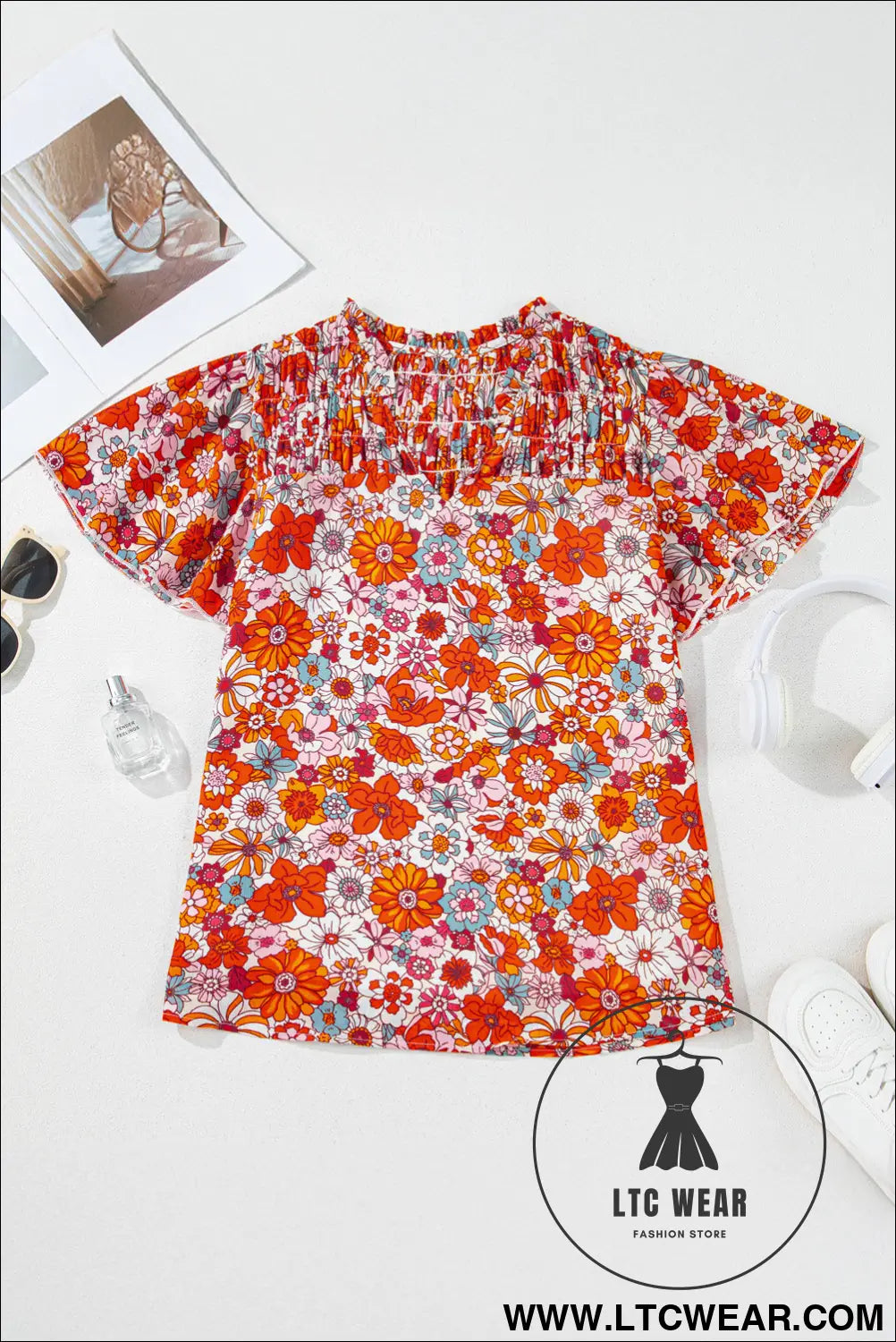 Orange floral print v neck pleated ruffle short sleeve blouse - blouses & shirts