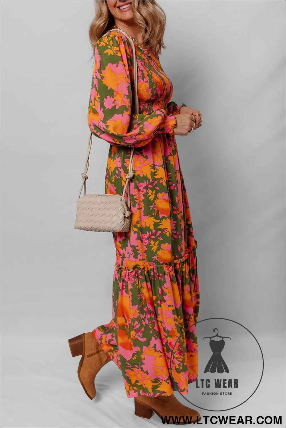 Orange Floral Puff Sleeve Smocked Bodice Ruffled Long Dress