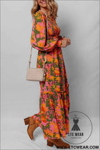 Orange Floral Puff Sleeve Smocked Bodice Ruffled Long Dress