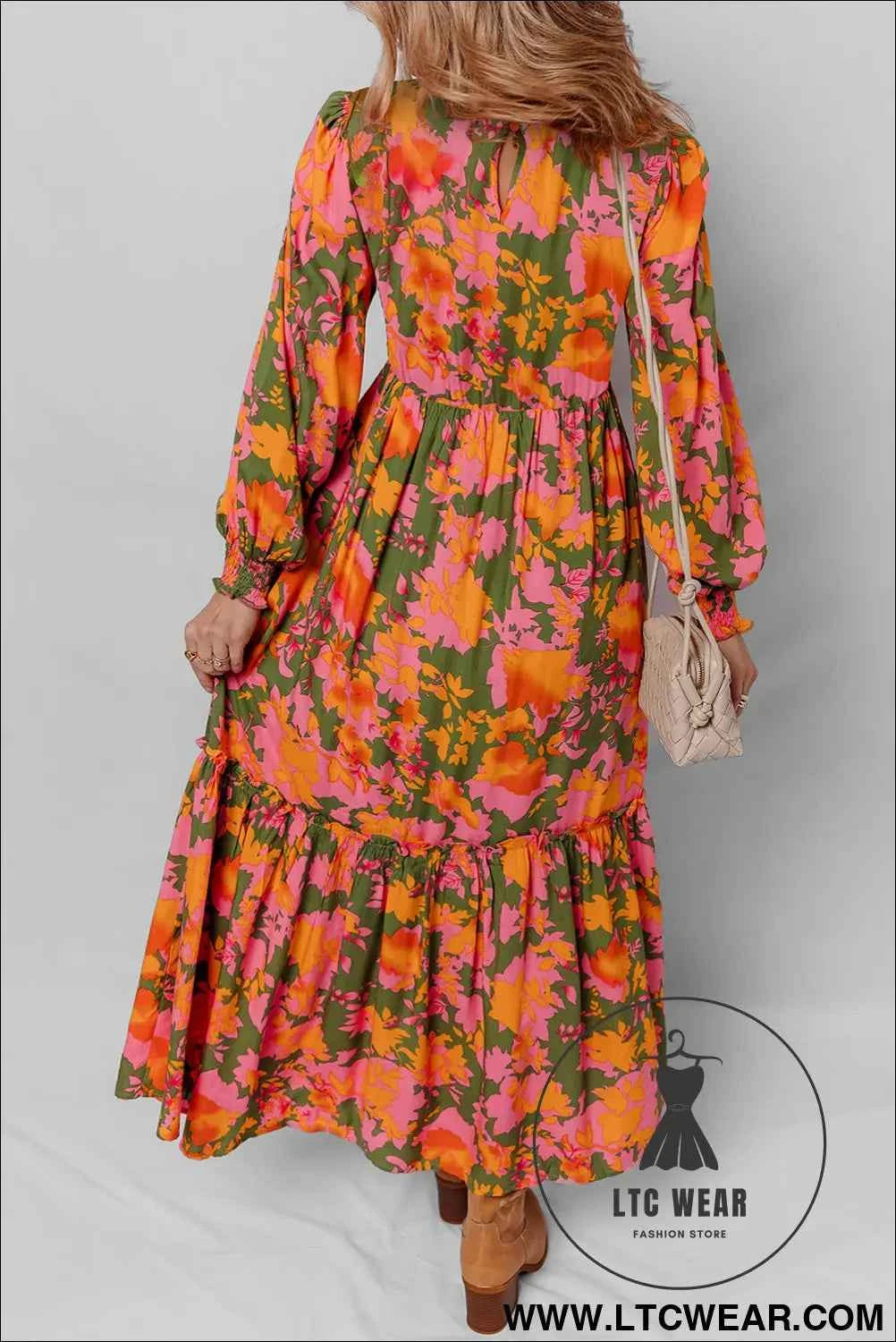 Orange Floral Puff Sleeve Smocked Bodice Ruffled Long Dress
