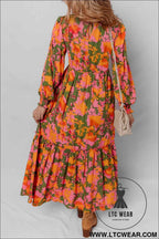 Orange Floral Puff Sleeve Smocked Bodice Ruffled Long Dress