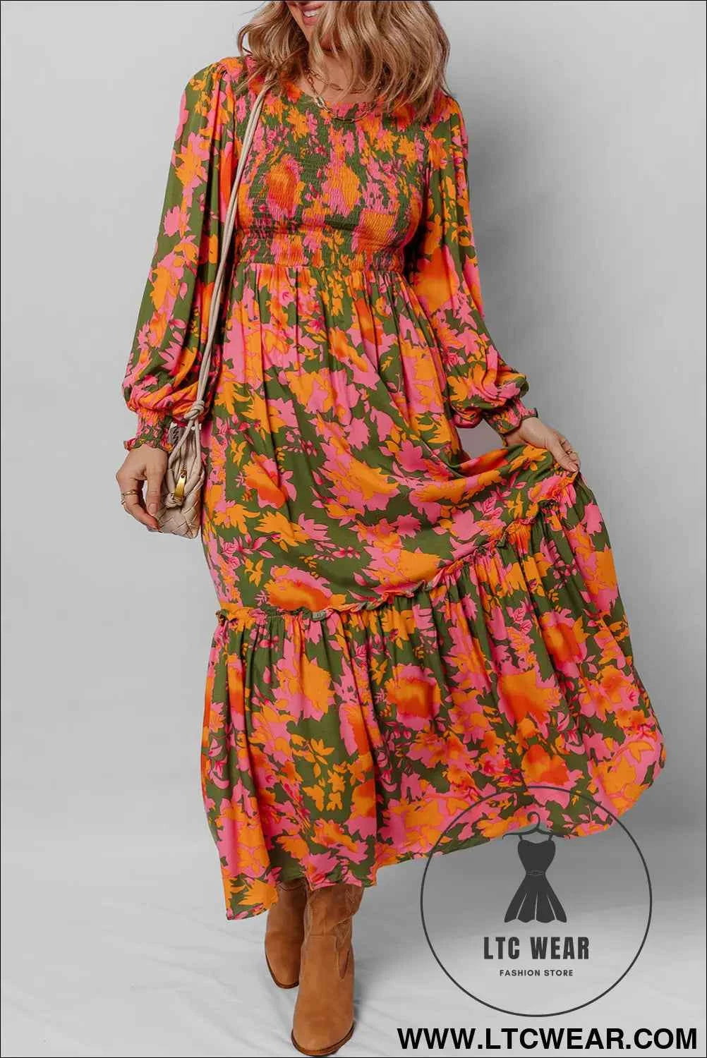 Orange Floral Puff Sleeve Smocked Bodice Ruffled Long Dress