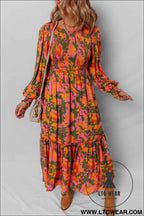 Orange Floral Puff Sleeve Smocked Bodice Ruffled Long Dress