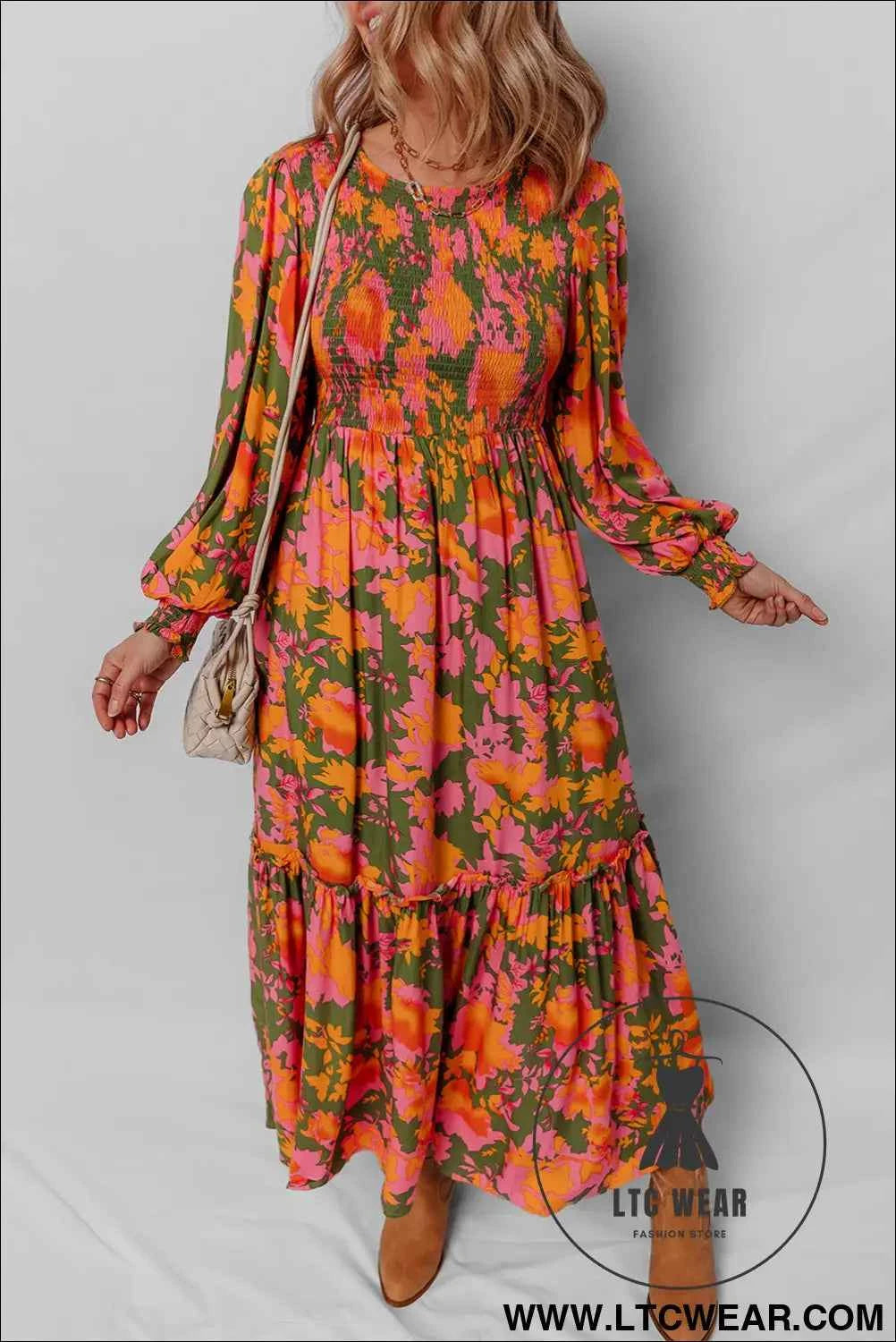 Orange Floral Puff Sleeve Smocked Bodice Ruffled Long Dress