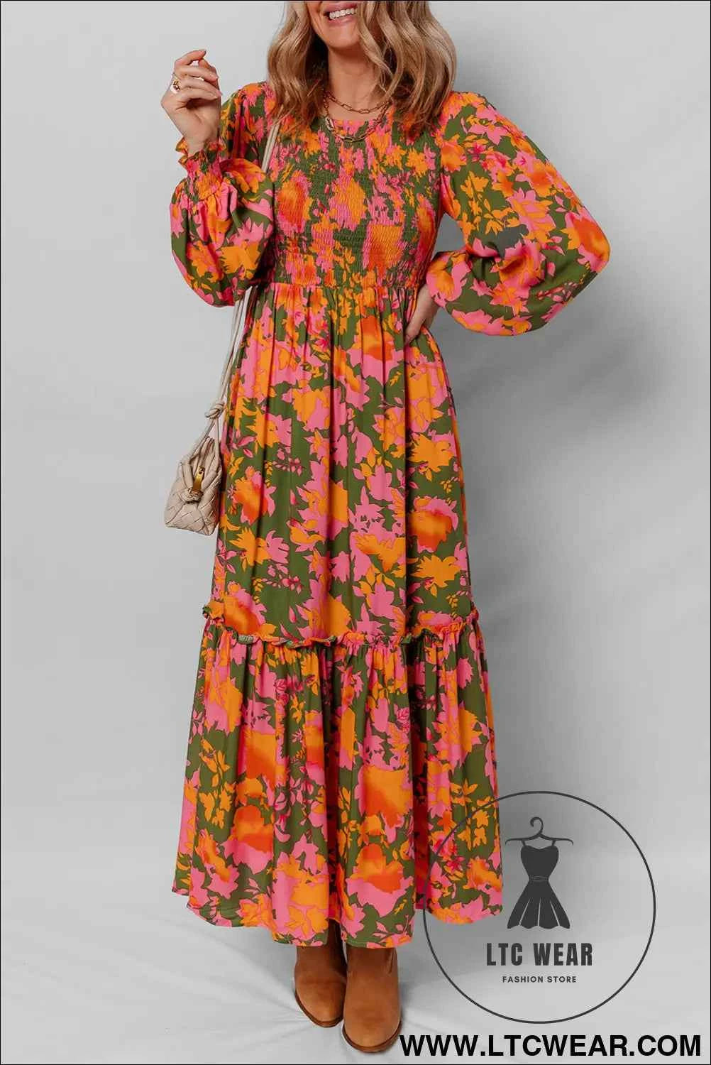 Orange Floral Puff Sleeve Smocked Bodice Ruffled Long Dress