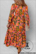 Orange Floral Puff Sleeve Smocked Bodice Ruffled Long Dress