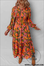 Orange Floral Puff Sleeve Smocked Bodice Ruffled Long Dress