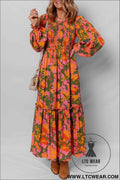 Orange Floral Puff Sleeve Smocked Bodice Ruffled Long Dress