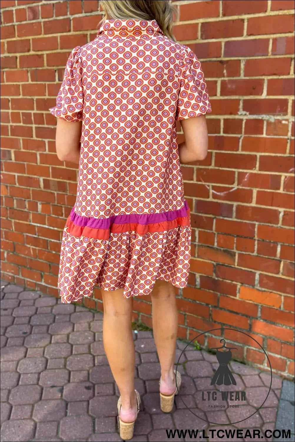 Orange Geometric Floral Print Color Block Trim Button Front Ruffle Hem Dress