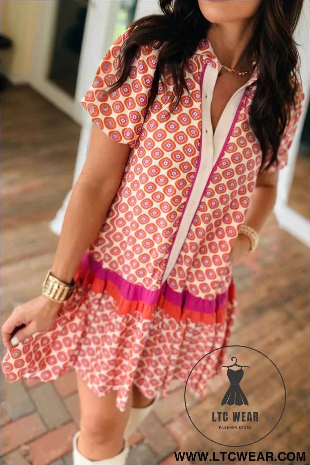 Orange Geometric Floral Print Color Block Trim Button Front Ruffle Hem Dress
