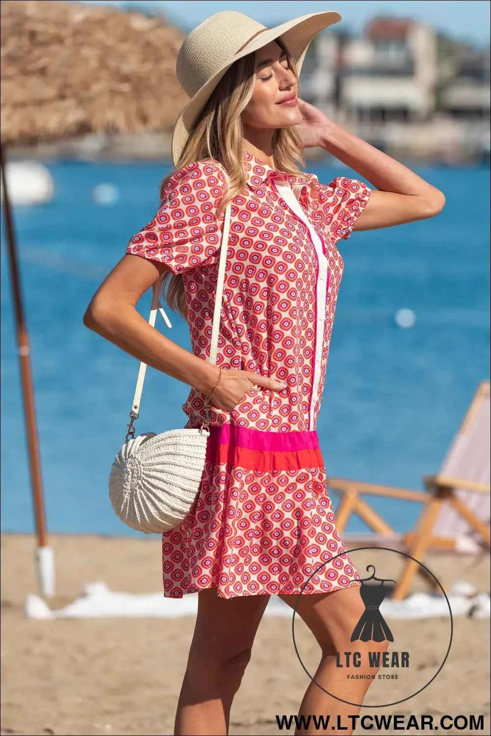 Orange Geometric Floral Print Color Block Trim Button Front Ruffle Hem Dress
