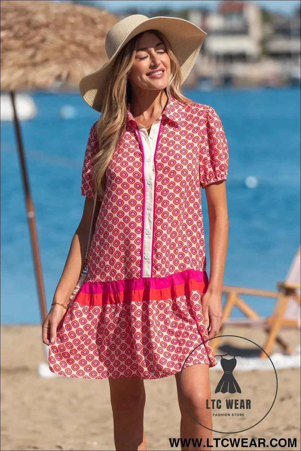 Orange Geometric Floral Print Color Block Trim Button Front Ruffle Hem Dress