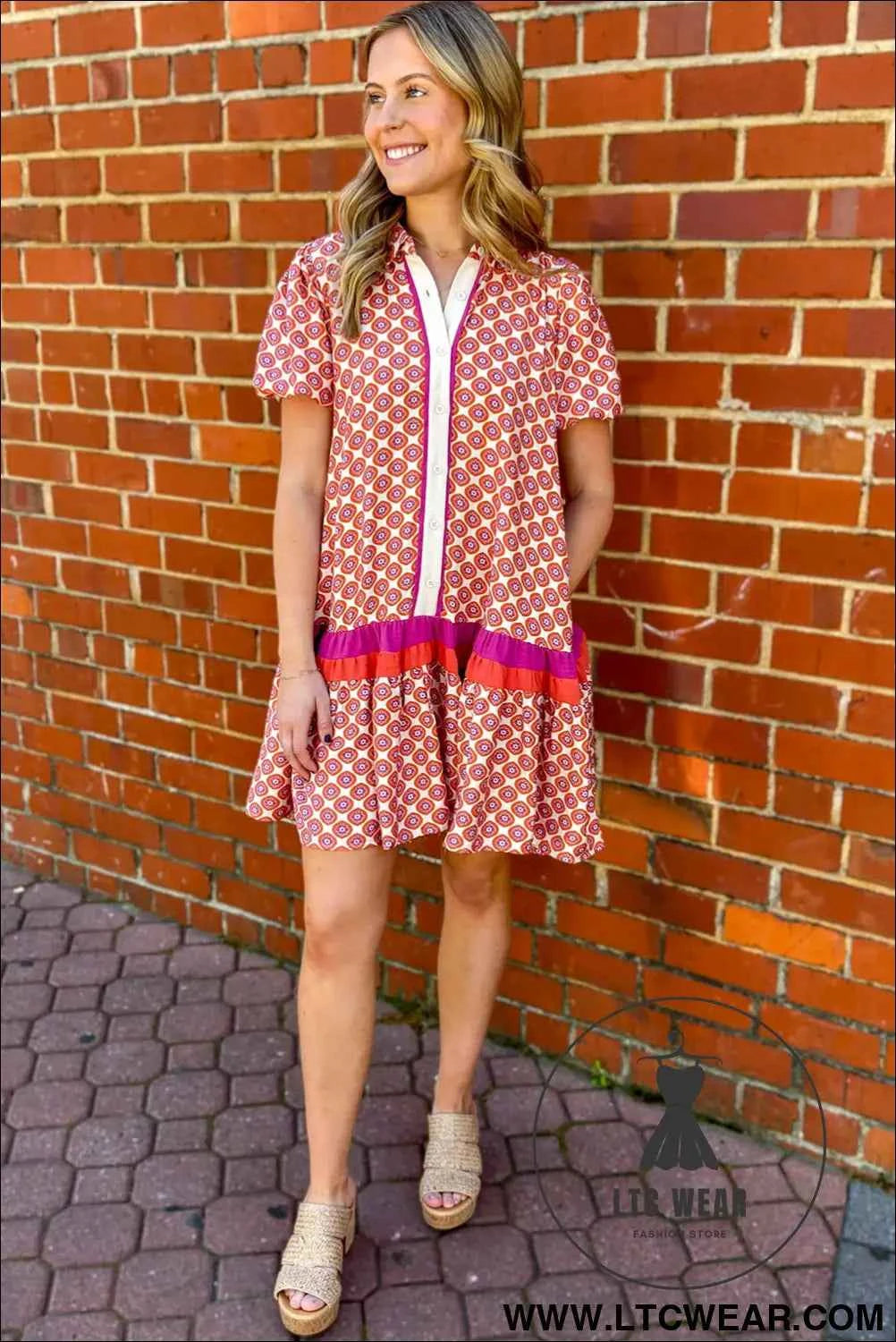 Orange Geometric Floral Print Color Block Trim Button Front Ruffle Hem Dress