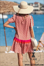 Orange Geometric Floral Print Color Block Trim Button Front Ruffle Hem Dress