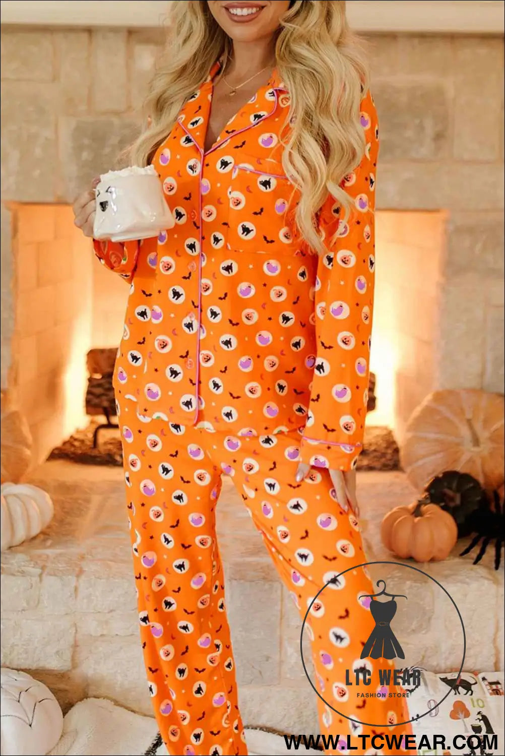Orange Halloween Print Lapel Shirt Long 2pcs Pajama Set