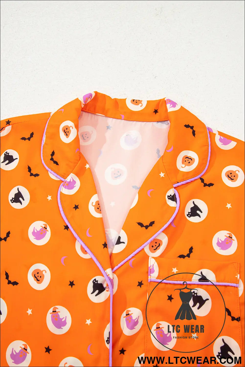 Orange Halloween Print Lapel Shirt Long 2pcs Pajama Set - L.T.C Wear Online Fashion Store