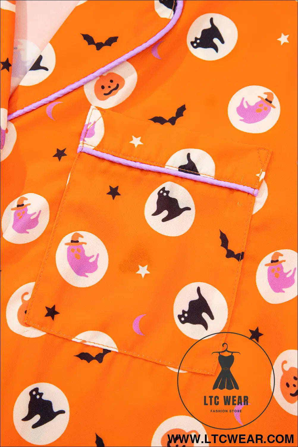 Orange Halloween Print Lapel Shirt Long 2pcs Pajama Set - L.T.C Wear Online Fashion Store