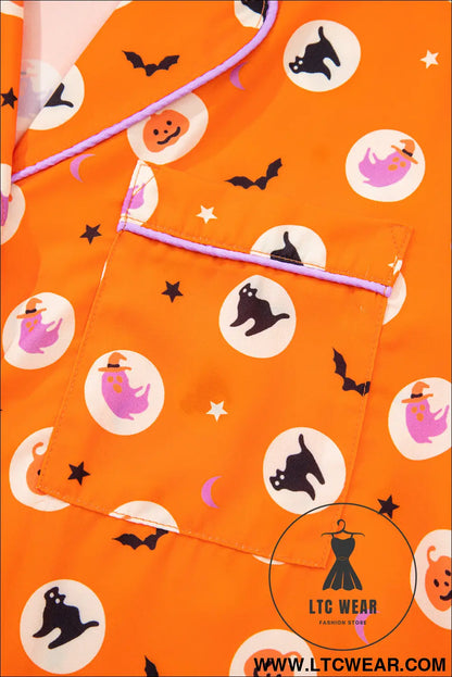 Orange Halloween Print Lapel Shirt Long 2pcs Pajama Set - L.T.C Wear Online Fashion Store