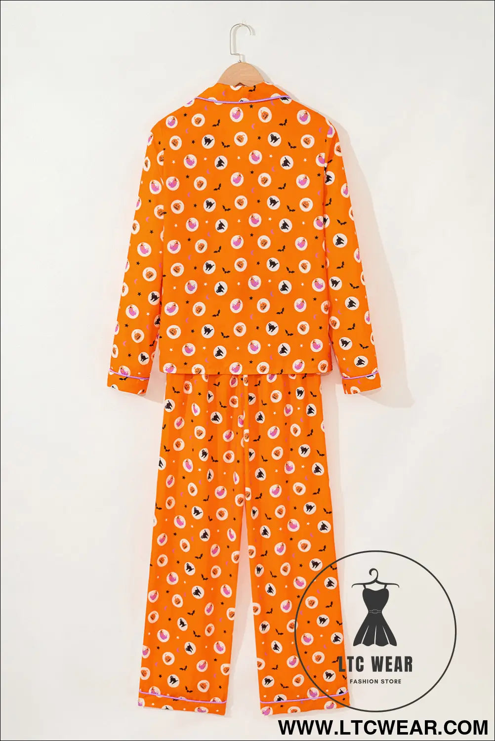 Orange Halloween Print Lapel Shirt Long 2pcs Pajama Set - L.T.C Wear Online Fashion Store
