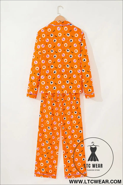 Orange Halloween Print Lapel Shirt Long 2pcs Pajama Set - L.T.C Wear Online Fashion Store