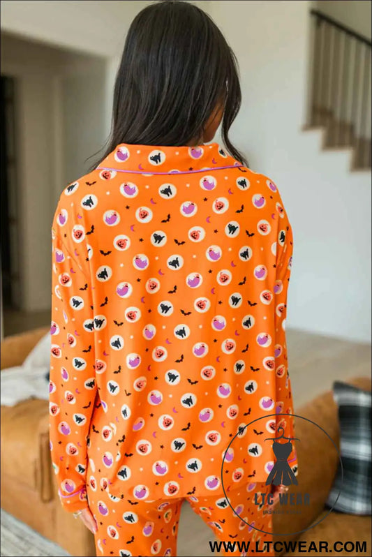 Orange Halloween Print Lapel Shirt Long 2pcs Pajama Set