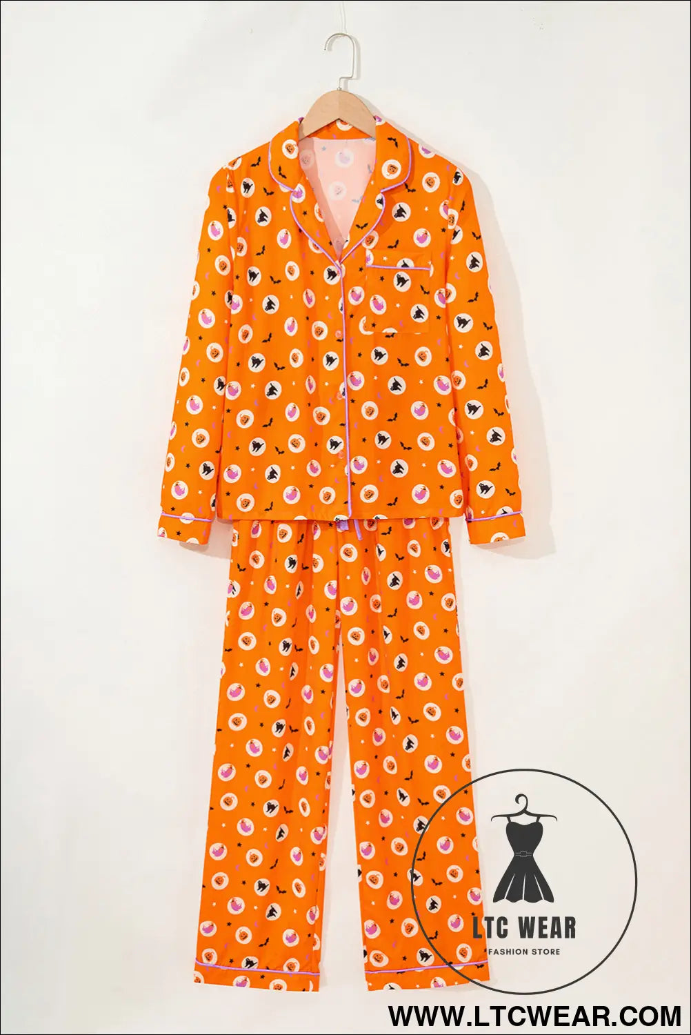 Orange Halloween Print Lapel Shirt Long 2pcs Pajama Set - L.T.C Wear Online Fashion Store