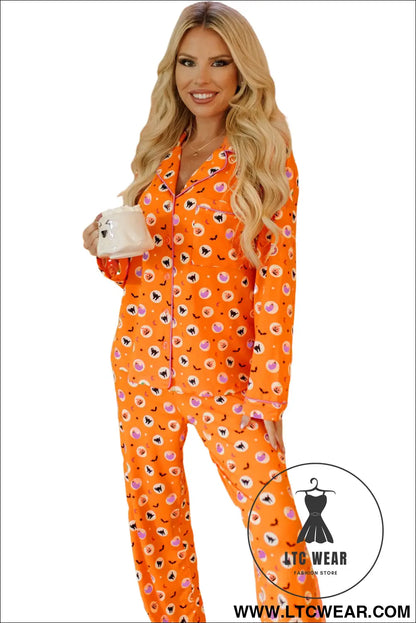 Orange Halloween Print Lapel Shirt Long 2pcs Pajama Set - L.T.C Wear Online Fashion Store