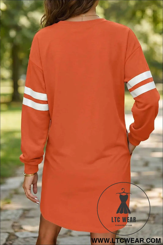 Orange Leopard Print Pumpkin Graphic Varsity Striped Long Sleeve Tunic Dress
