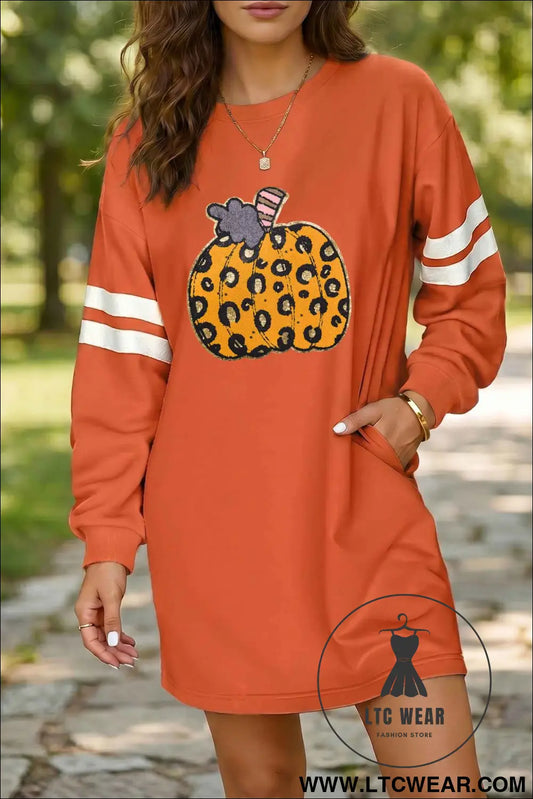 Orange Leopard Print Pumpkin Graphic Varsity Striped Long Sleeve Tunic Dress