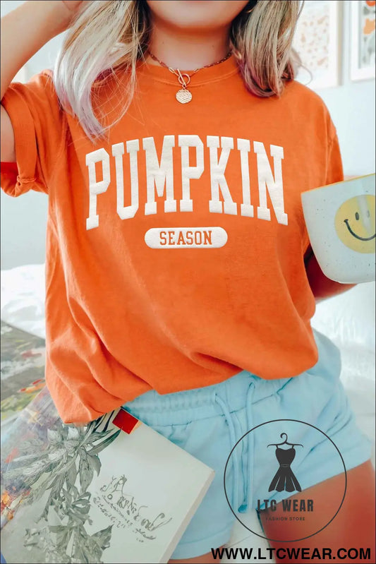 Orange PUMPKIN SEASON Letter Print Relaxed T Shirt