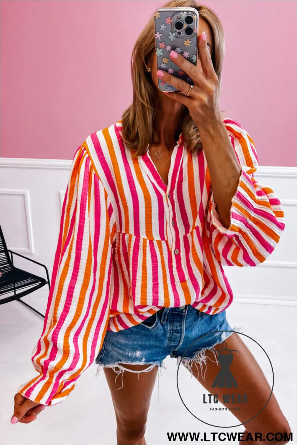 Orange stripe balloon sleeve notched v neck blouse - 15%