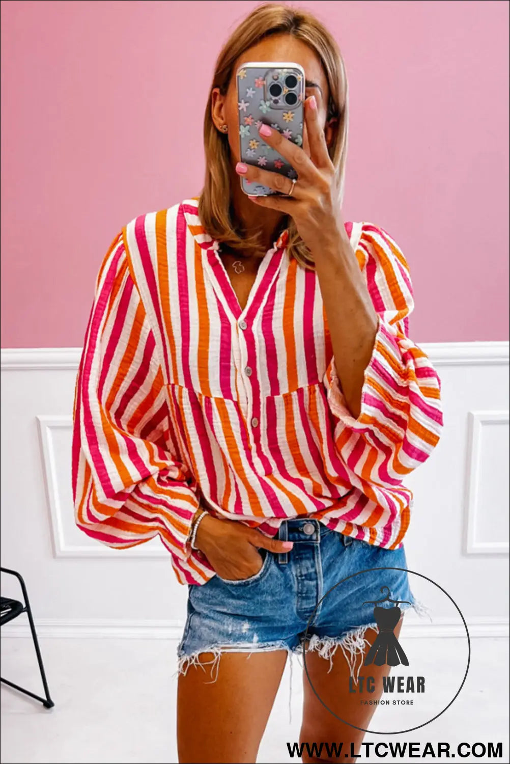 Orange stripe balloon sleeve notched v neck blouse - 15%