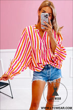 Orange stripe balloon sleeve notched v neck blouse - 15%