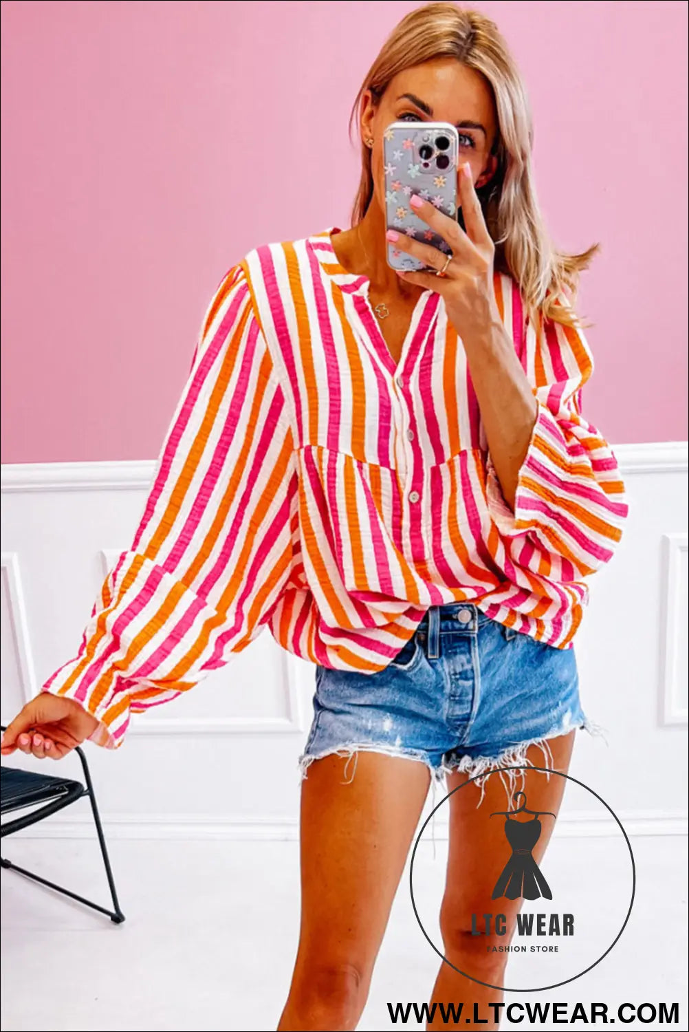 Orange stripe balloon sleeve notched v neck blouse - 15%