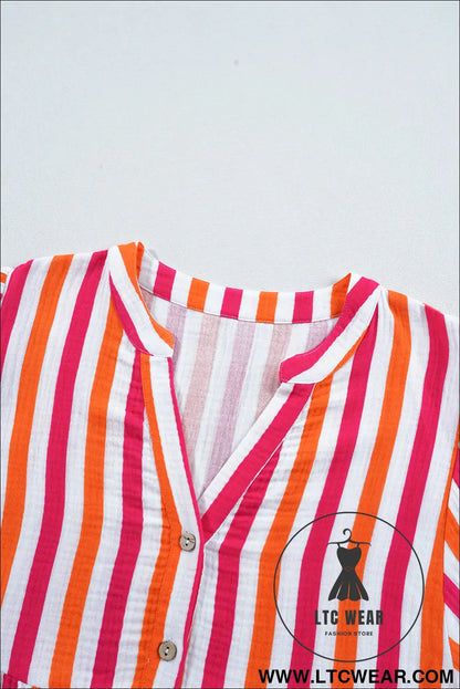 Orange stripe balloon sleeve notched v neck blouse - 15%