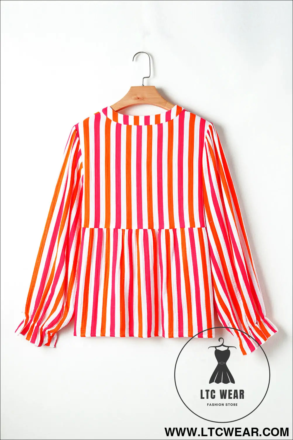 Orange stripe balloon sleeve notched v neck blouse - 15%
