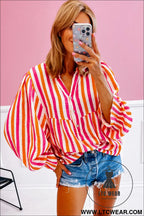 Orange stripe balloon sleeve notched v neck blouse - 15%