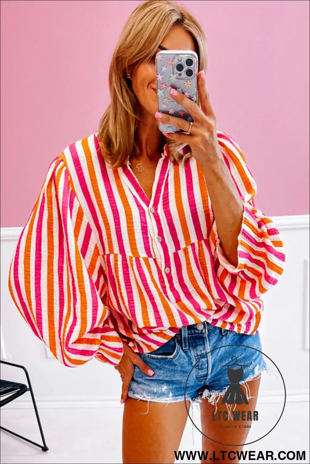Orange stripe balloon sleeve notched v neck blouse - 15%