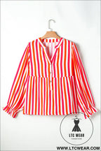 Orange stripe balloon sleeve notched v neck blouse - 15%