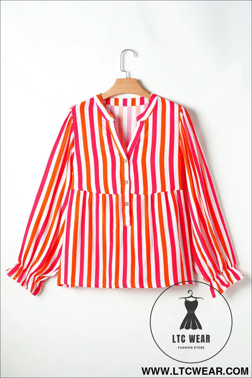 Orange stripe balloon sleeve notched v neck blouse - 15%