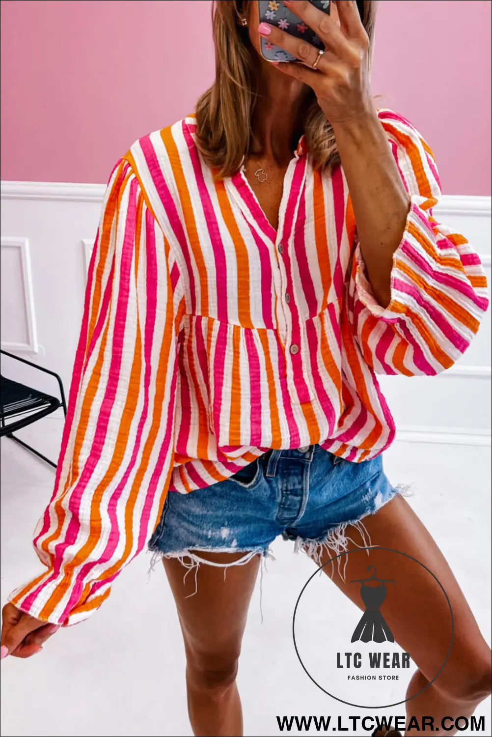 Orange stripe balloon sleeve notched v neck blouse - orange stripe / l / 100% cotton - 15%